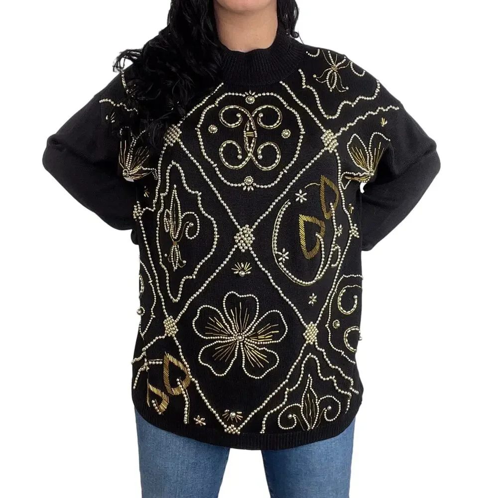 Victoria Jones 1980s Vintage Black & Gold Beaded Embroidered Sweater Large